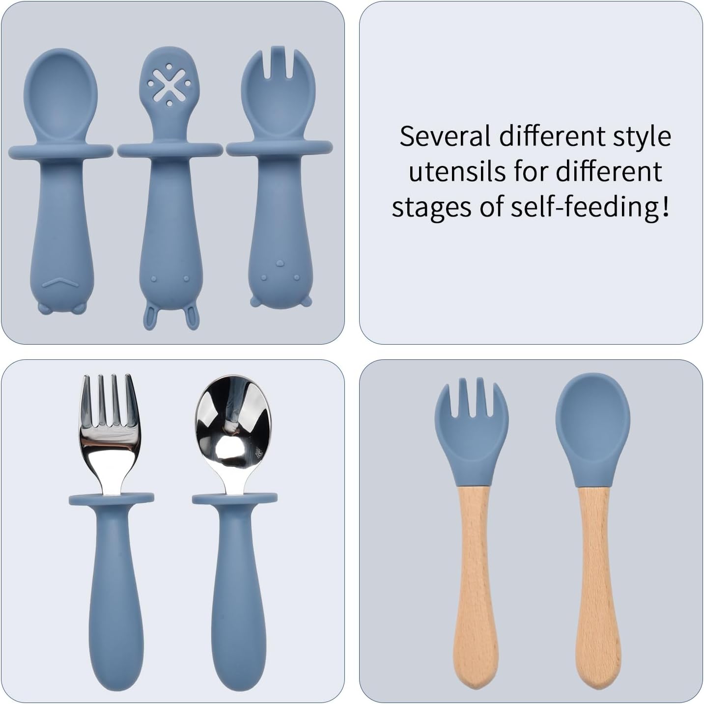 Silicone Feeding Set, 13PCS Baby Feeding Essentials with Suction Bowl & Plate, Spoons & Forks, Bib & Cup, Toothbrush, Baby Led Weaning Supplies for 6+ Months, Eating Essentials (Blue)
