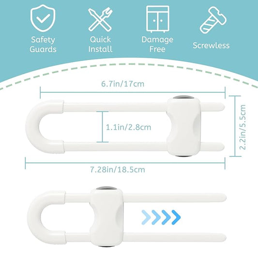 Baby Proofing Cabinets, Sliding Cabinet Locks for Babies, Adjustable U Shaped Baby Safety Locks, Childproof Cabinet Latch for Kitchen, Bathroom, Drawer, Cupboard Doors Knobs & Handles (2Pack White)