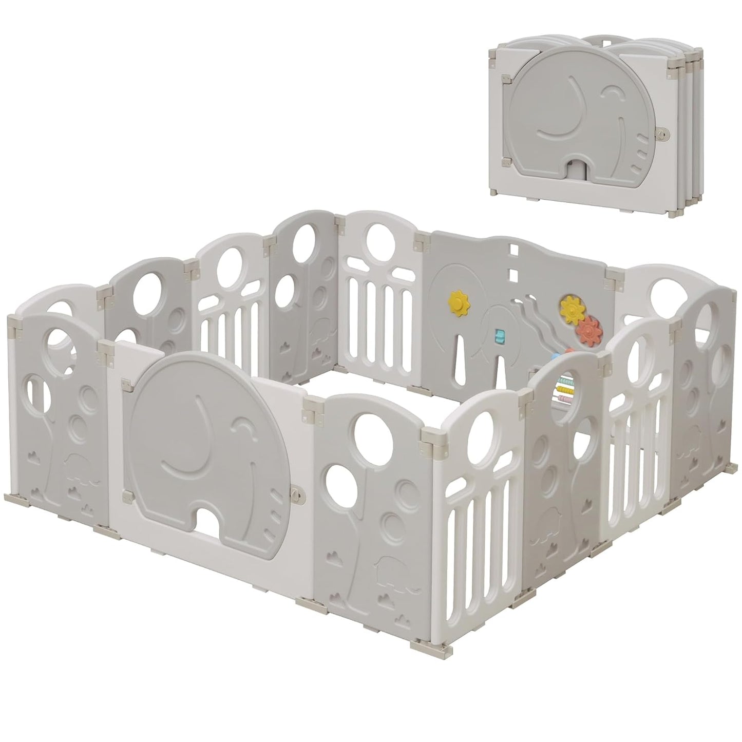 Baby Playpen, 14-Panel Foldable Play Pen for Babies and Toddlers, Indoor Outdoor Baby Fence with Sensory Play Panel, Adjustable Shape Activity Play Center, Portable & Easy Assemble
