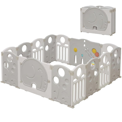 Baby Playpen, 14-Panel Foldable Play Pen for Babies and Toddlers, Indoor Outdoor Baby Fence with Sensory Play Panel, Adjustable Shape Activity Play Center, Portable & Easy Assemble