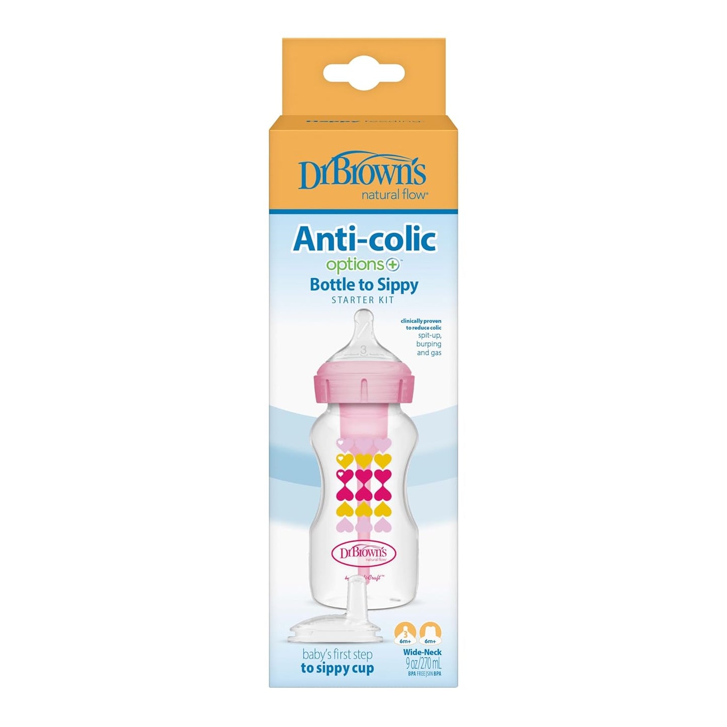 Dr. Brown's Anti-Colic Options+ Wide-Neck Sippy Bottle Starter Kit, 9oz/270mL, with Level 3 Medium-Fast Flow Nipple and Soft 100% Silicone Sippy Spout, Green, BPA-Free, 6m+, 2-Pack