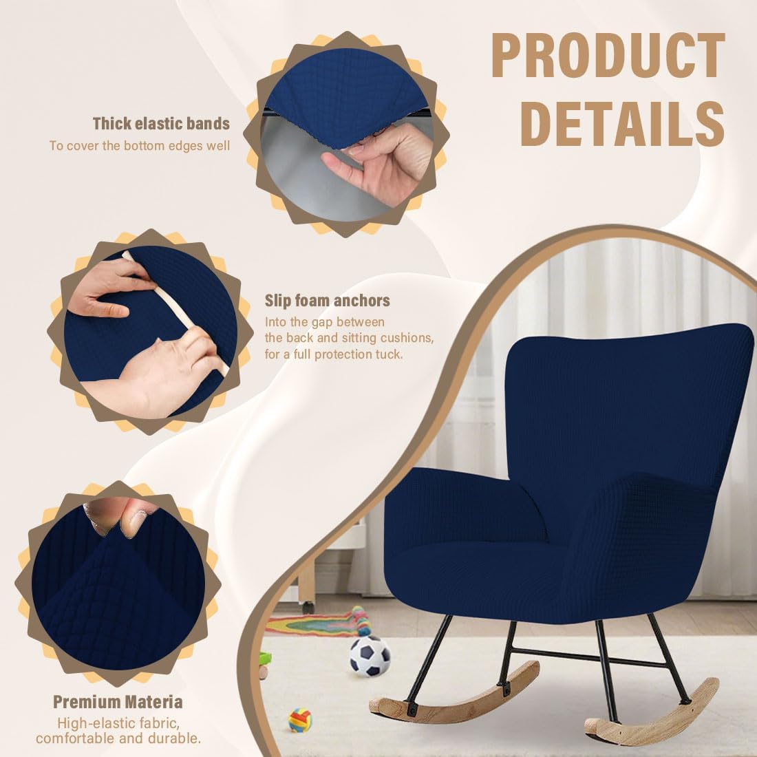 Nursery Rocking Chair Cover Stretch Glider Chair Covers Jacquard Modern Reading Chair Slipcover Rocking Accent Armchair Protector for Living Room Nursery Bedroom, Beige