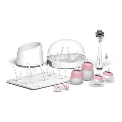 Nanobebe Breastmilk and Silicone Baby Bottle Ultimate Set Gen 2, 5oz and 9oz - with Sterilizer, Drying Rack, Anti-Colic Nipples, Pacifiers, and Warmer - Teal/Grey