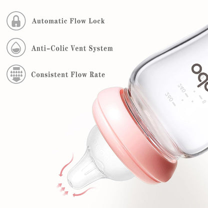 YOHKOH Natural Glass Baby Bottle with Level 1 Slow Flow Nipple, Newborn Anti-Colic Baby Bottles, Wide Neck Mushroom Baby Glass Bottle (Multicolour-A, 3.4oz (Pack of 4))