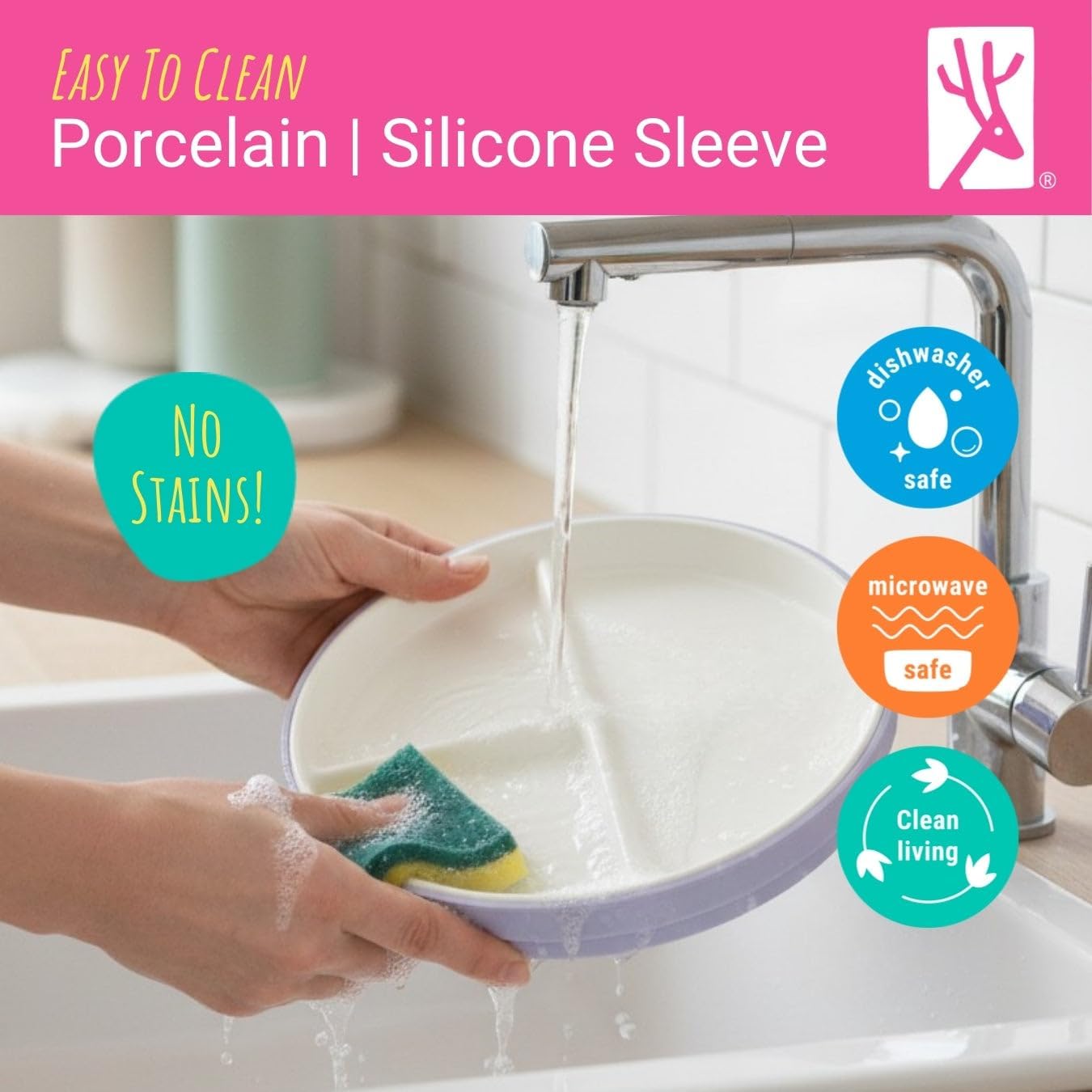 Elk and Friends Kids 6.7” Porcelain Divided Plates with Silicone Suction Sleeves + Silicone Lids | Suitable for Babies/Kids/Toddlers | Microwave & Dishwasher Safe | Non Slip | Snack Dishes | 4 Pack