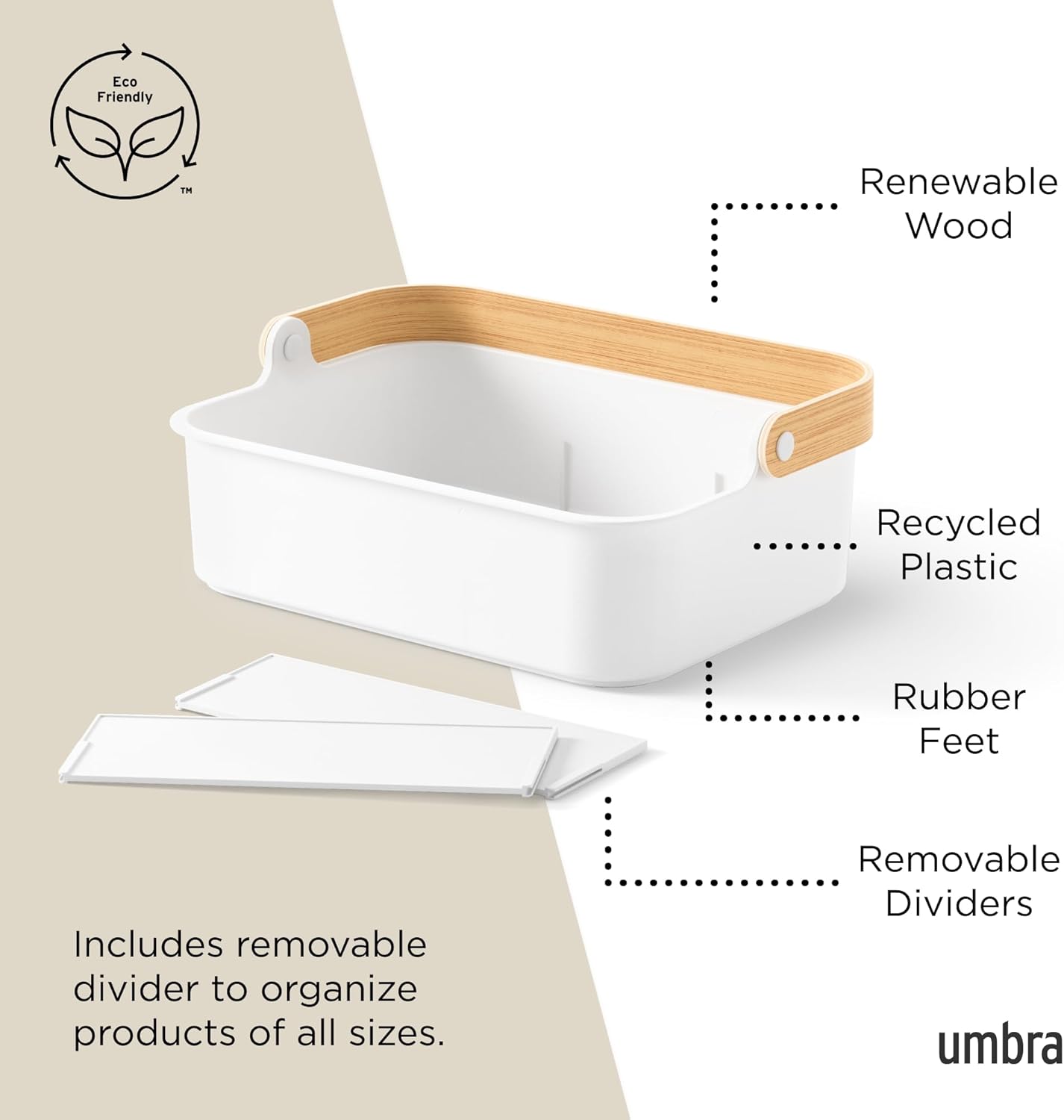 Umbra Bellwood Stackable Bin, 14" x 10" Durable Lightweight Container with Wooden Handle and Removable Dividers, Black/Walnut