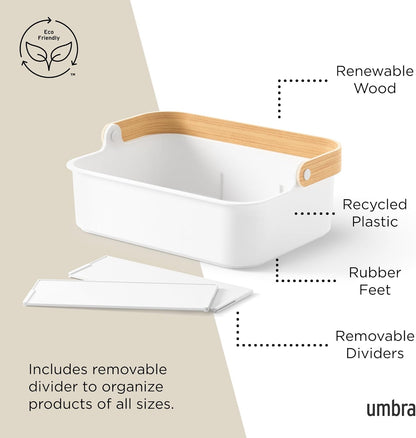 Umbra Bellwood Stackable Bin, 14" x 10" Durable Lightweight Container with Wooden Handle and Removable Dividers, Black/Walnut
