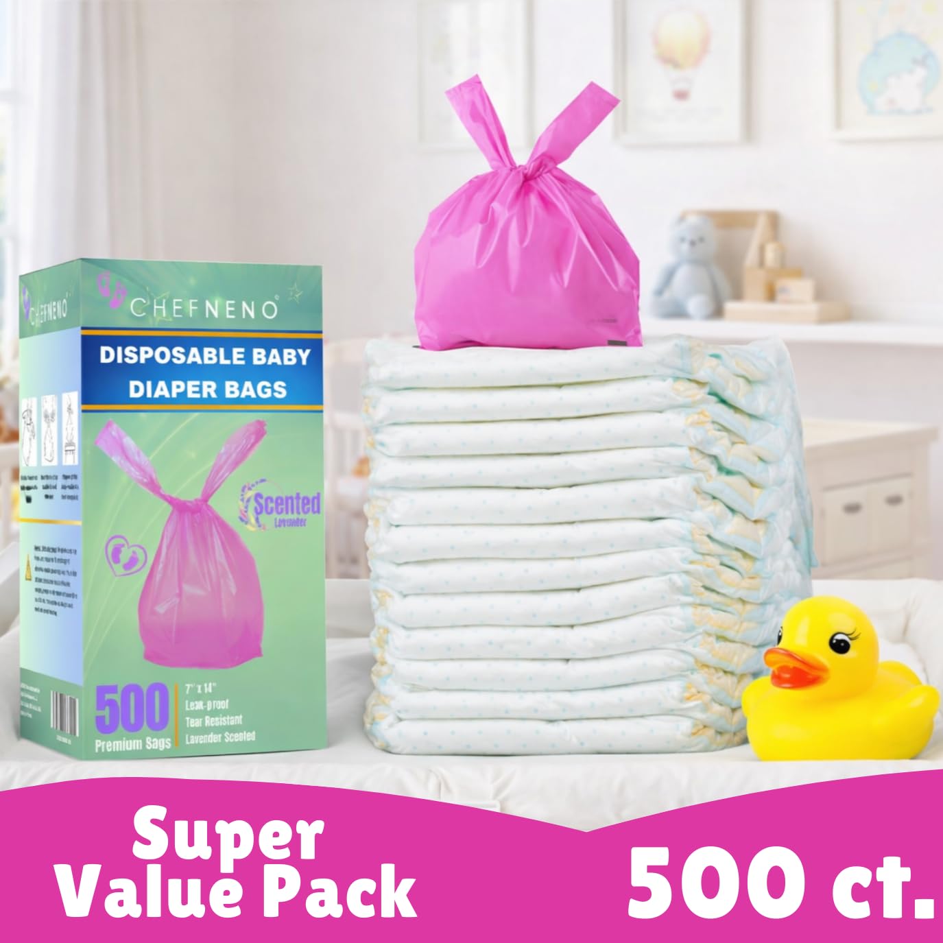 Baby Disposable Diaper Sacks (500 ct.) Fresh Baby Powder Scented Bulk Easy-Tie Diaper Sacks Nursery Trash Bags Dog Poop Bags Cat Litter Waste Bags Sanitary Pads Disposal Bags (500 Bags, Blue)