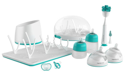 Nanobebe Breastmilk and Silicone Baby Bottle Ultimate Set Gen 2, 5oz and 9oz - with Sterilizer, Drying Rack, Anti-Colic Nipples, Pacifiers, and Warmer - Teal/Grey