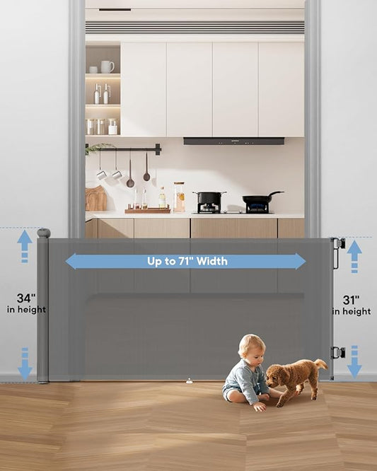 Retractable Baby Gate for Stairs – 34" Height, Expands up to 71" Width, Safety Gate for Infants, Toddlers, Dogs & Pets, Easy Install, Gray Puppy Gate for Indoor & Outdoor Use, Gray