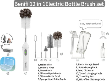 Electric Bottle Cleaner Pro, 11 in 1 Baby Bottle Brush with Drying Rack, Sponge Brush, Silicon Brush, Formula Mixer, Nipple Brush, Soap Dispenser, Microfiber Cleaning Cloth Included