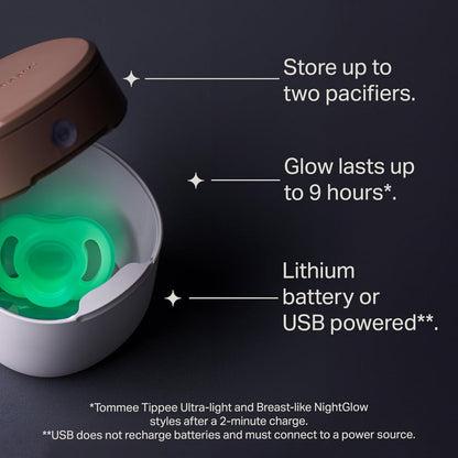Tommee Tippee NightGlow Pod with 0-6 Month Ultra-Light NightGlow Pacifier, Charge Glow in the Dark Pacifiers in 2 Minutes, Portable UVC Paci Sterilizer, Adjustable Strap, AA Battery or USB Powered