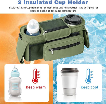 Baby Stroller Organizer, Universal Stroller Organizer with Detachable Phone Bag, Stroller Caddy with 2 Insulated Cup Holders, Buggy Organizer Bag with 2 Hooks Fits Most Strollers (Balck)