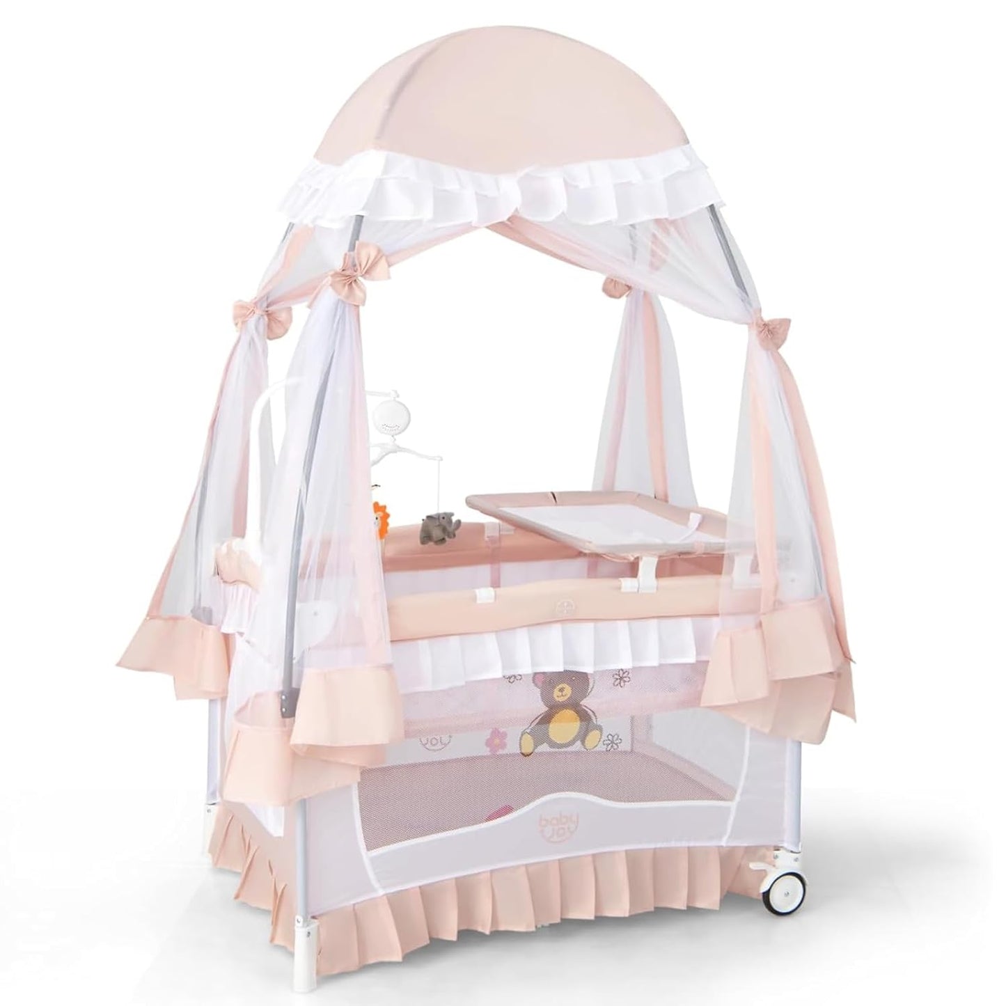 BABY JOY 4 in 1 Pack and Play with Canopy, Portable Baby Playard with Bassinet, Double-Layer Baby Crib, Wheels & Brake, Foldable Baby Girl Pink Princess Bassinet from Newborn to Toddler