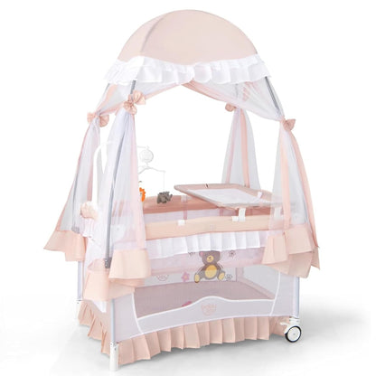 BABY JOY 4 in 1 Pack and Play with Canopy, Portable Baby Playard with Bassinet, Double-Layer Baby Crib, Wheels & Brake, Foldable Baby Girl Pink Princess Bassinet from Newborn to Toddler