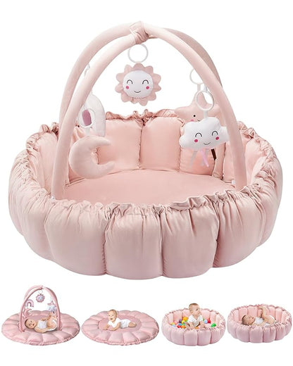 5-in-1 Convertible Baby Gym Play Mat with Hanging Toys, Soft Padded Activity Center & Ball Pit, Plush Tummy Time Mat for Newborns to Toddlers, Machine Washable, Pink