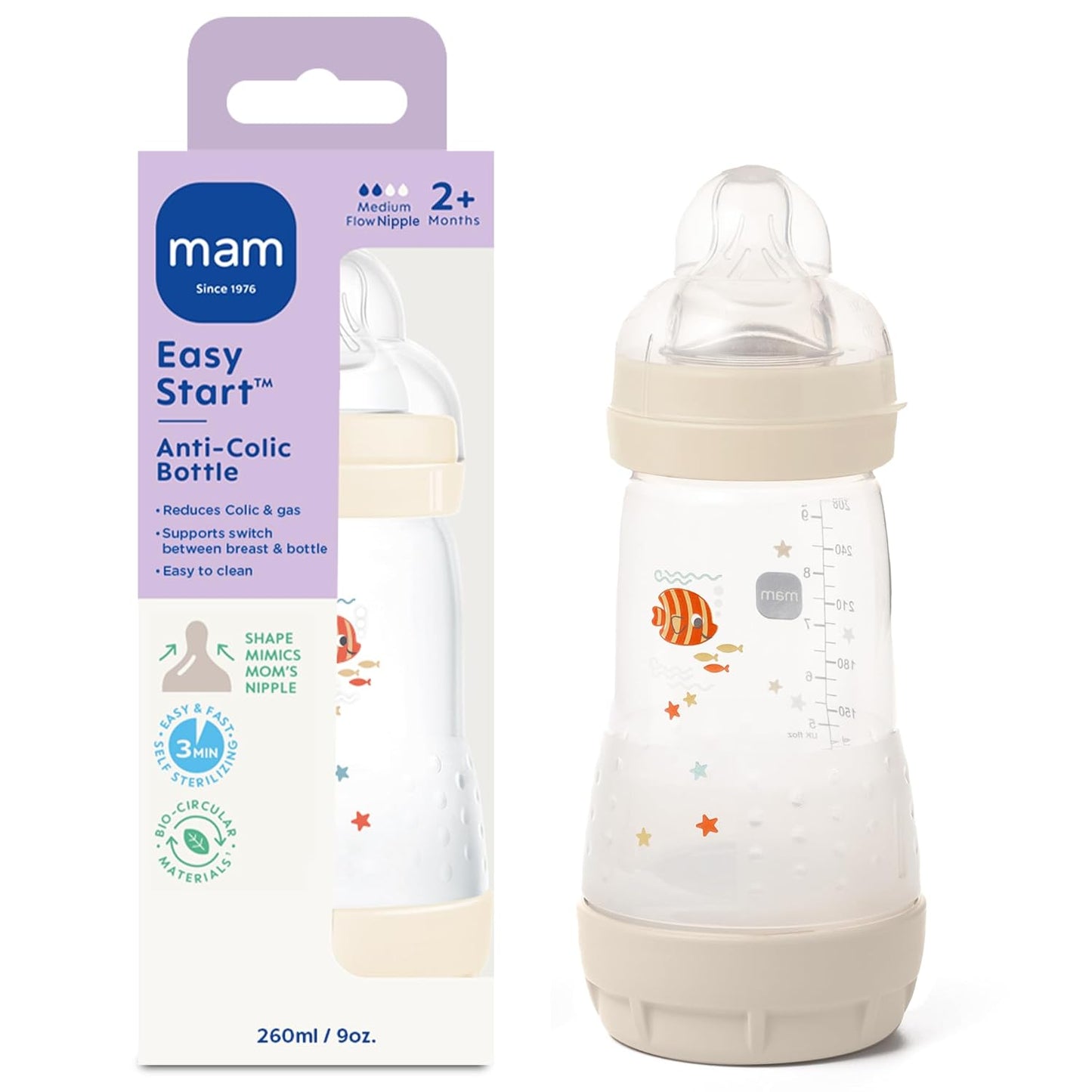 MAM 9oz Easy Start Anti-Colic+ Wide Neck Baby Bottle, Medium Flow Breastfeeding-Like Nipple, Reduces Colic Gas & Reflux, Easy To Clean, BPA Free, 2+ Months, Made In Europe, Bonus Fast Flow Nipple, Boy