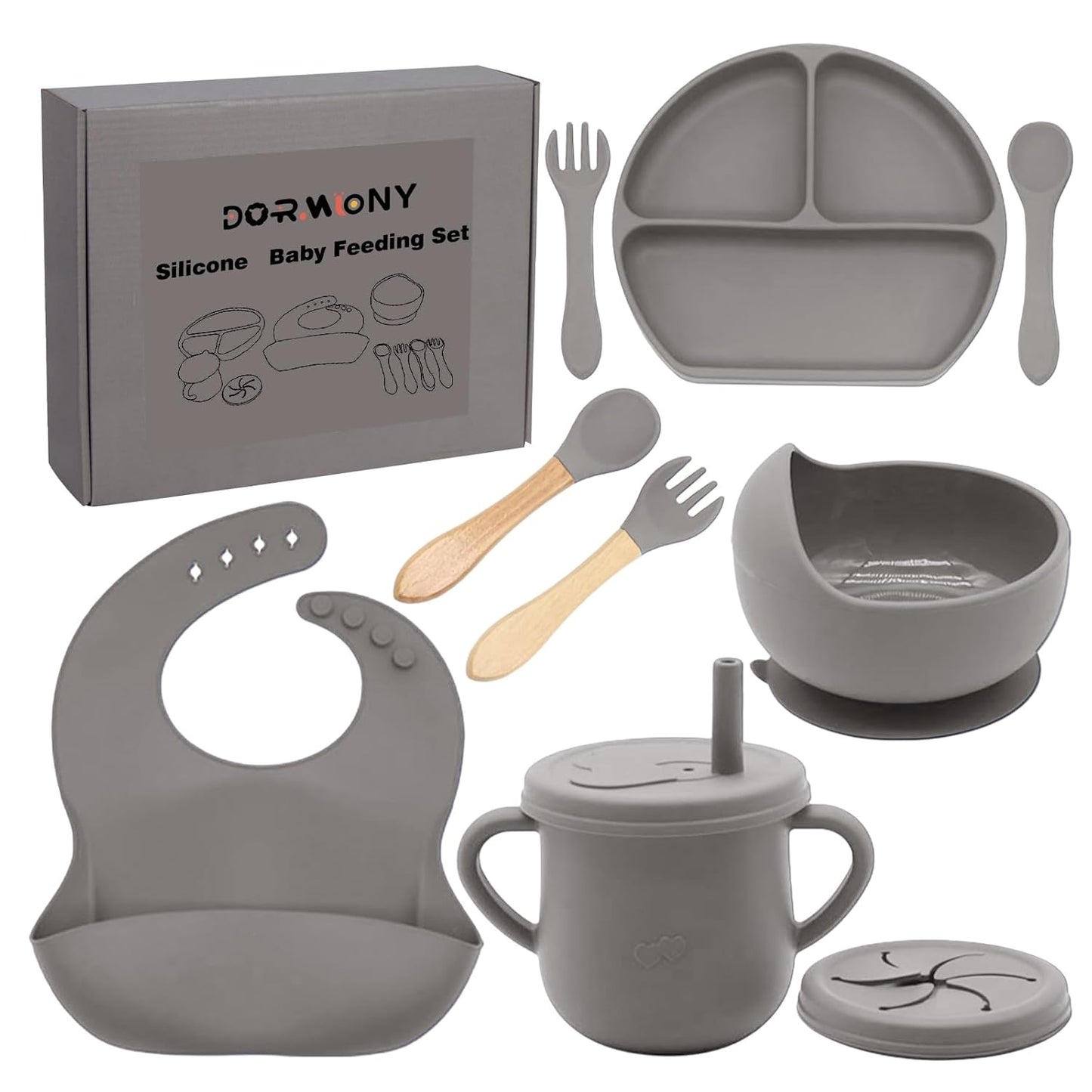 100% Silicone Baby Feeding Set, BPA Free Baby Dishes with Suction Bowl, Divided Plate, Toddler Self Feeding Dish Set with Spoons, Forks, Sippy Cup and Bib, Baby Eating Utensils (Navy Blue)