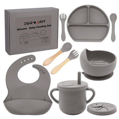 100% Silicone Baby Feeding Set, BPA Free Baby Dishes with Suction Bowl, Divided Plate, Toddler Self Feeding Dish Set with Spoons, Forks, Sippy Cup and Bib, Baby Eating Utensils (Navy Blue)