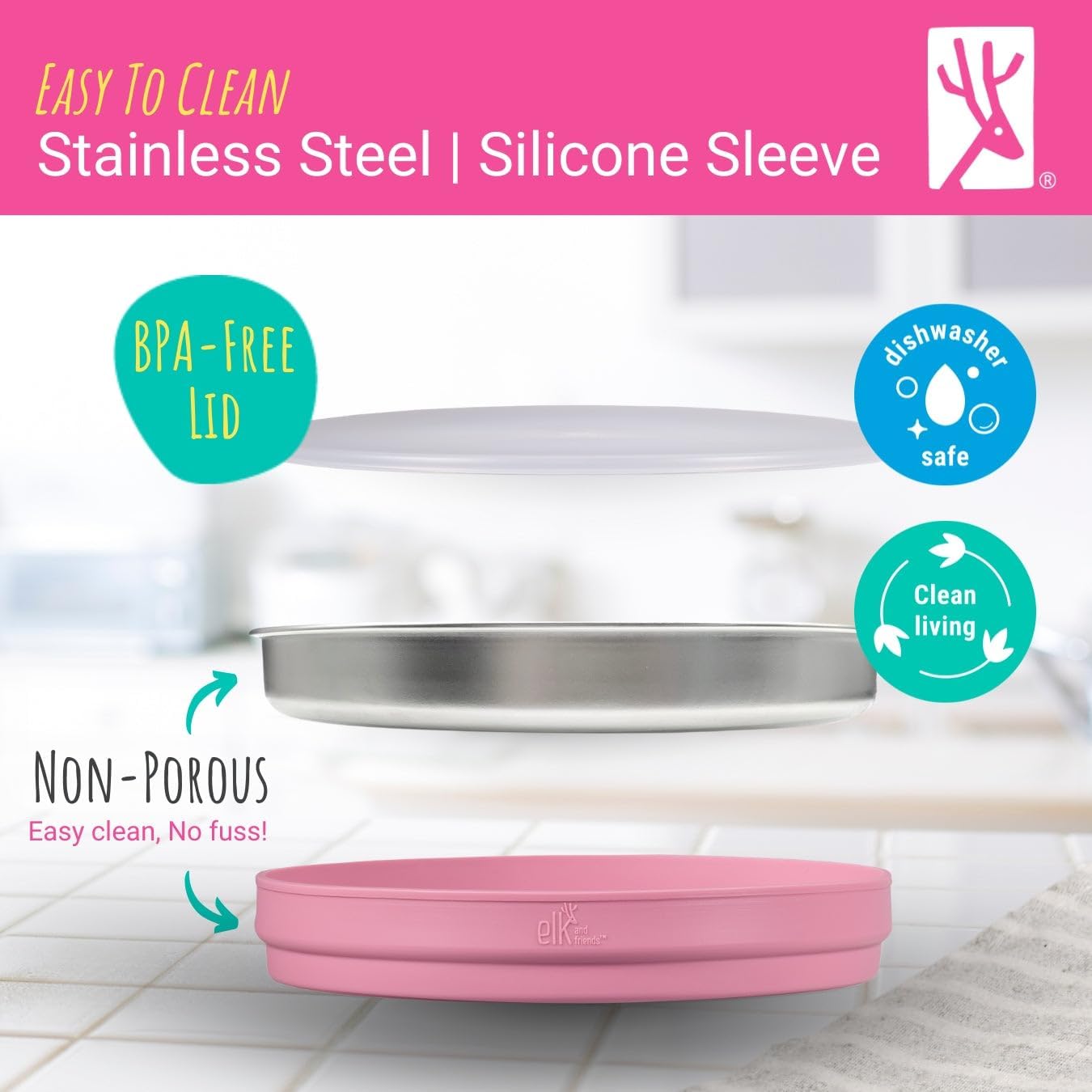 Elk and Friends Stainless Steel Divided Plates with Silicone Sleeve for Babies & Toddlers | Lids Included | Stay Put Suction | Dinner & Snack Plates | 4 Pack