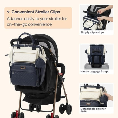 BabbleRoo Leather Diaper Bag Backpack, Multifunction Large Bags with Changing Pad & Stroller Straps Pacifier Case, Unisex Stylish Travel Back Pack Nappy for Moms Dads (Blueberry Cream)