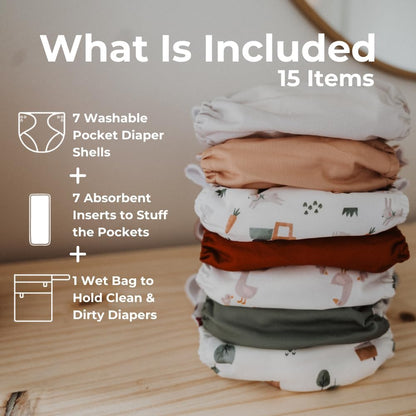 Nora's Nursery Cloth Diapers 7 Pack with 7 Inserts & 1 Wet Bag - Waterproof Cover, Washable, Reusable & One Size Adjustable Pocket Diapers for Newborns and Toddlers - Delilah