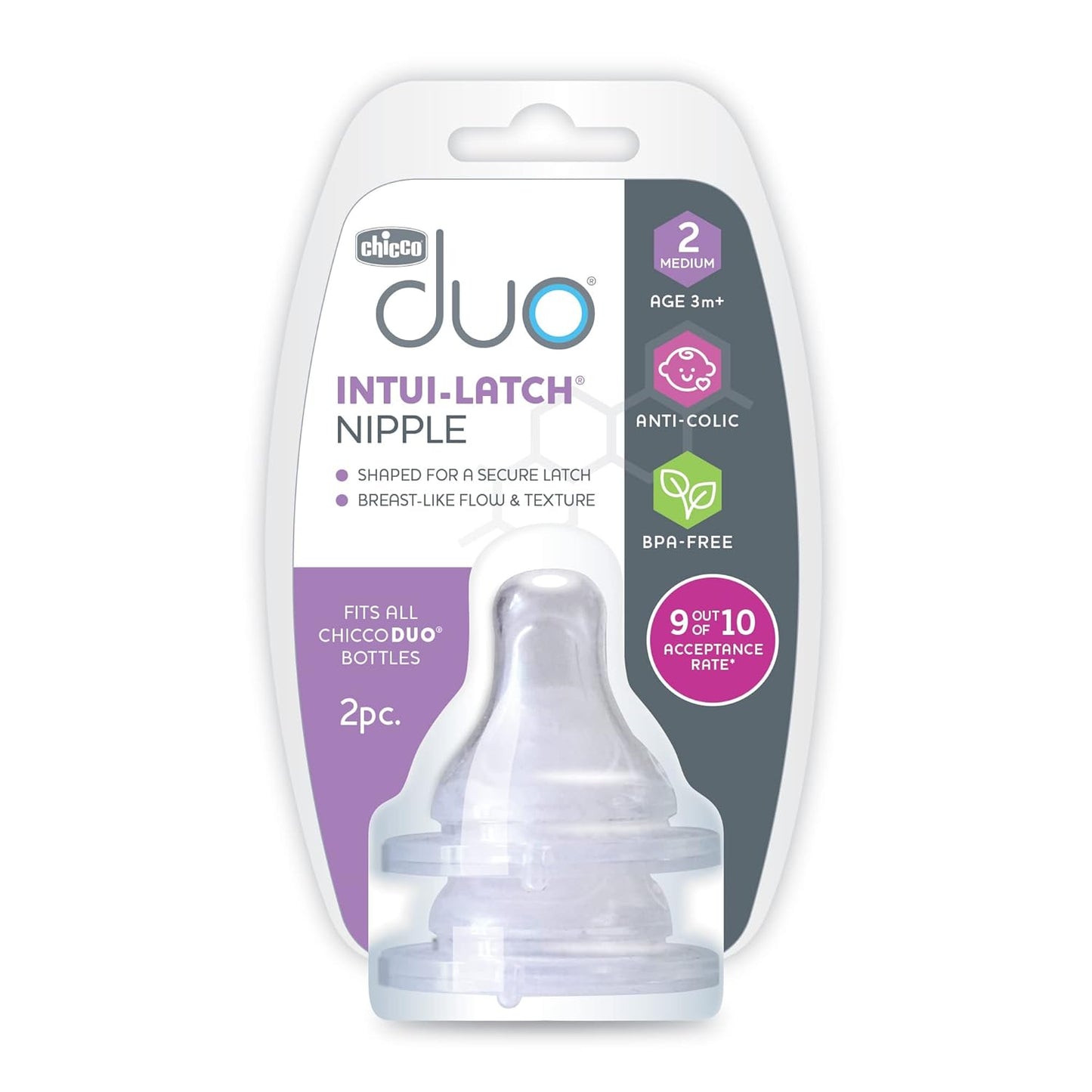 Chicco Duo Glass-Lined Baby Bottle Intui-Latch Nipple with Anti-Colic Valve, Stage 2 Medium Flow for Babies 3+ Months, 100% Silicone with Skin-Like Texture, Breast-Like Shape & Flow, 2-Pack