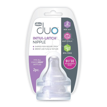 Chicco Duo Glass-Lined Baby Bottle Intui-Latch Nipple with Anti-Colic Valve, Stage 2 Medium Flow for Babies 3+ Months, 100% Silicone with Skin-Like Texture, Breast-Like Shape & Flow, 2-Pack