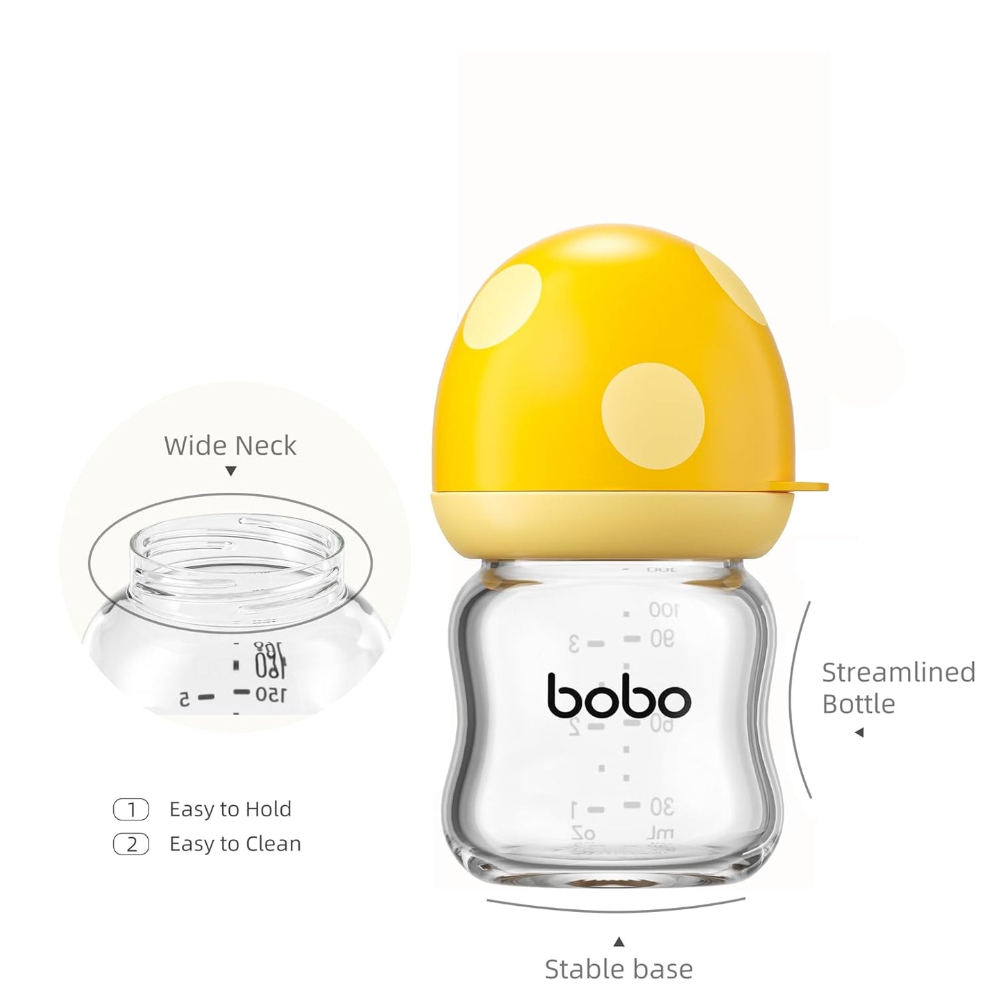 YOHKOH Natural Glass Baby Bottle with Level 1 Slow Flow Nipple, Newborn Anti-Colic Baby Bottles, Wide Neck Mushroom Baby Glass Bottle (Multicolour-A, 3.4oz (Pack of 4))