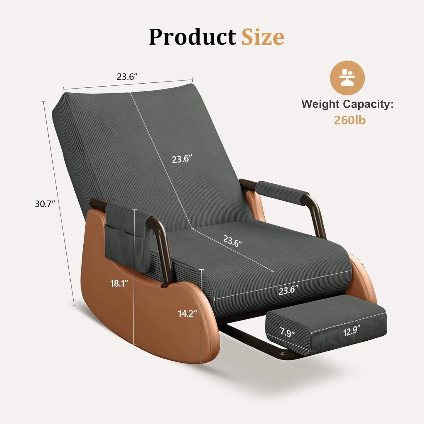 JPBSTO Rocking Chair Nursery, Upholstered Glider Rocking Chair with Side Pocket and Adjustable High Backrest, Comfortable Rocker Recliner with Footrest Perfect for Living Room Bedroom, Beige
