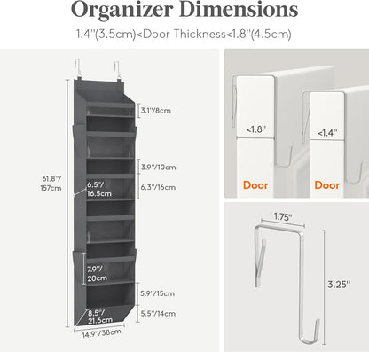 Lifewit 1 Pack Over the Door Organizer, 5 Section Clear Window Hanging Storage with 4 Side Pockets, Sturdy Anti Tilt 40 lbs Load Behind Door for Closet, Bedroom, Bathroom, Nursery, Dorm, Gray