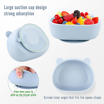 Silicone Baby Feeding Set, 8-Piece Baby Led Weaning Supplies Included Toddler Suction Plate, Bowl, Cup, 3 Spoons & 2 Safety Straps Keep Spoon, Fork & Bottle Off The Floor for Self-Feeding (Blue)