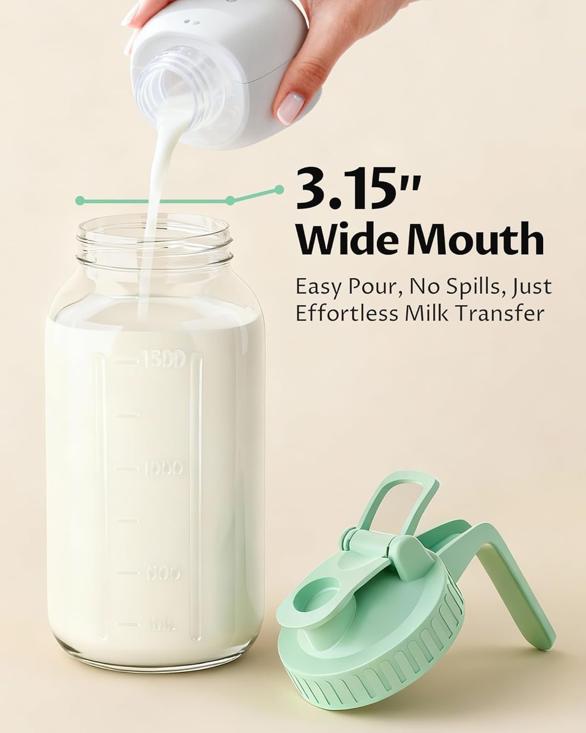 32oz Breast Milk Pitcher with Lid - Airtight Leakproof Glass Storage with Flip Cap & Pour Spout, Wide Mouth 1 Quart Breastmilk Storage Container Breastfeeding Essentials for Breastmilk, Formula, Milk