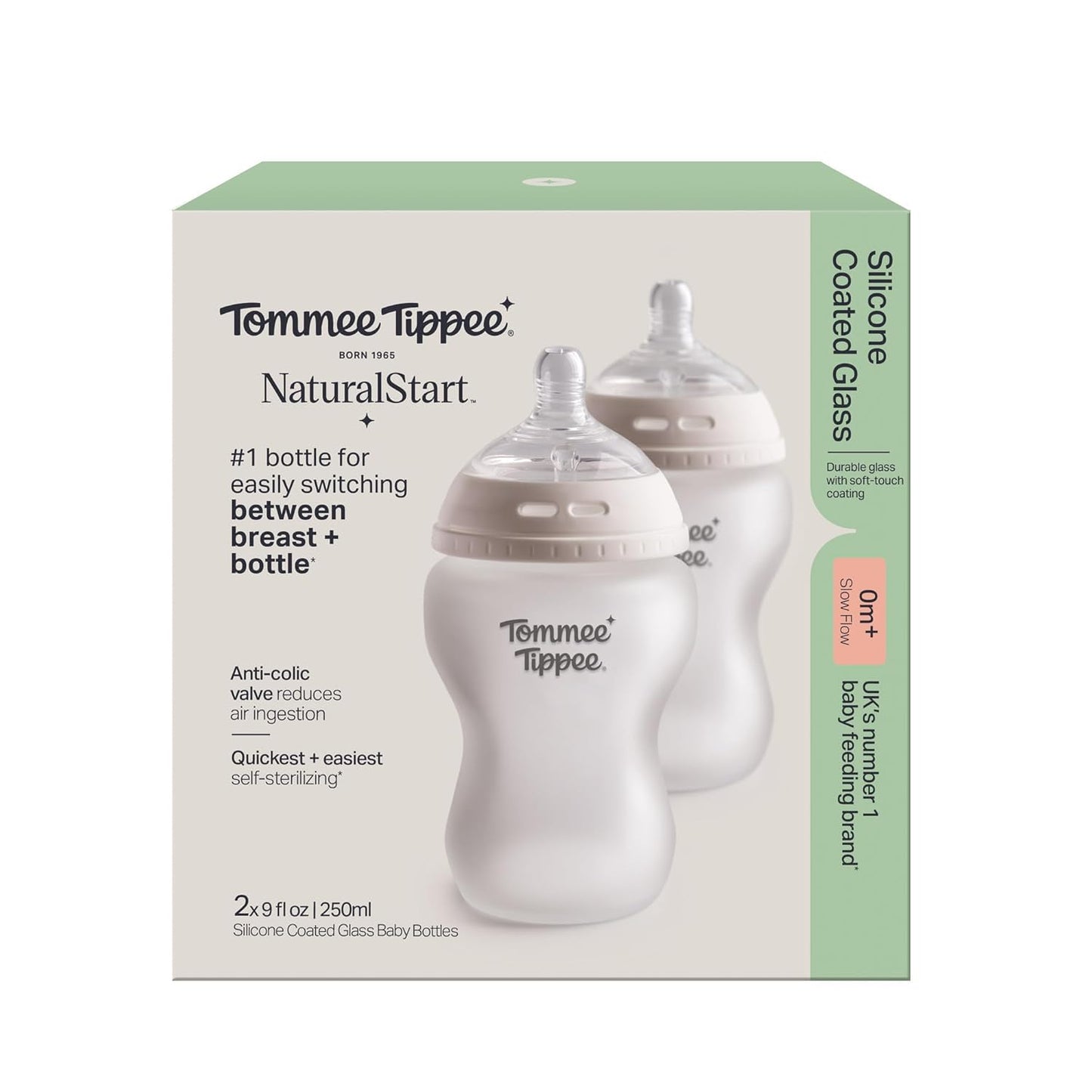 Tommee Tippee Silicone Coated Glass Baby Bottles for Feeding, 9 0z, Anti-Colic, 0+ Months, Slow Flow Breast-Like Nipple, Shatter-Proof Glass, BPA Free, Pack of 2