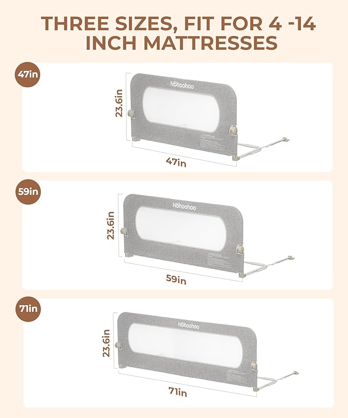 Bed Rail for Toddlers,Foldable & Swing Down,Gap Free Safety Anti-Pinch Double Crossbar Bed Guard More Stability,Quick No-Tool Installation for Twin, Full, Queen, King Beds (Gray, 59in)
