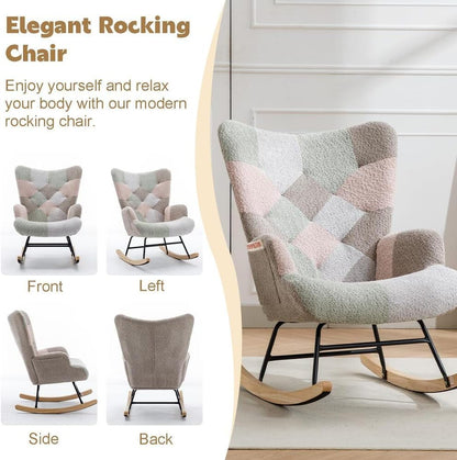 Nursery Rocking Chair Teddy Upholstered Glider Rocker Rocker Accent Chair with High Backrest Armchair Comfy Side Pocket Modern Rocking Accent Chairs for Living Room, Nursery, Office-Green