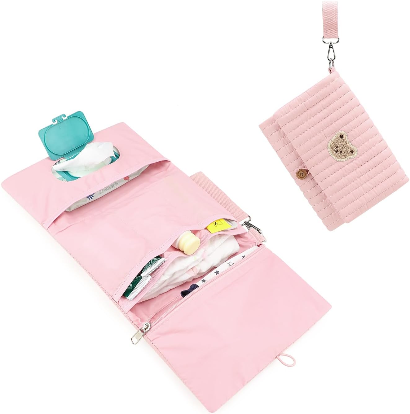 MOMIGO Baby Diaper Bag Organizer Pouches Waterproof Mini Diaper Bag - 2 pcs/set Foldable Hanging Bag Reusable, Washable or Cloth Diapers, with Gift for Baby Shower (Khaki（A）)