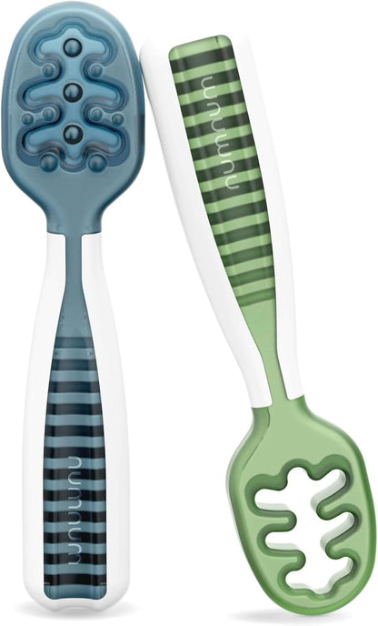 NumNum Baby Spoons Set, Baby Essentials Pre-Spoon GOOtensils for 6+ Months, First Stage Self-Feeding Spoons for Baby Led Weaning (BLW), Silicone Toddler Utensils, BPA-Free, 2 Pack Gray/Green