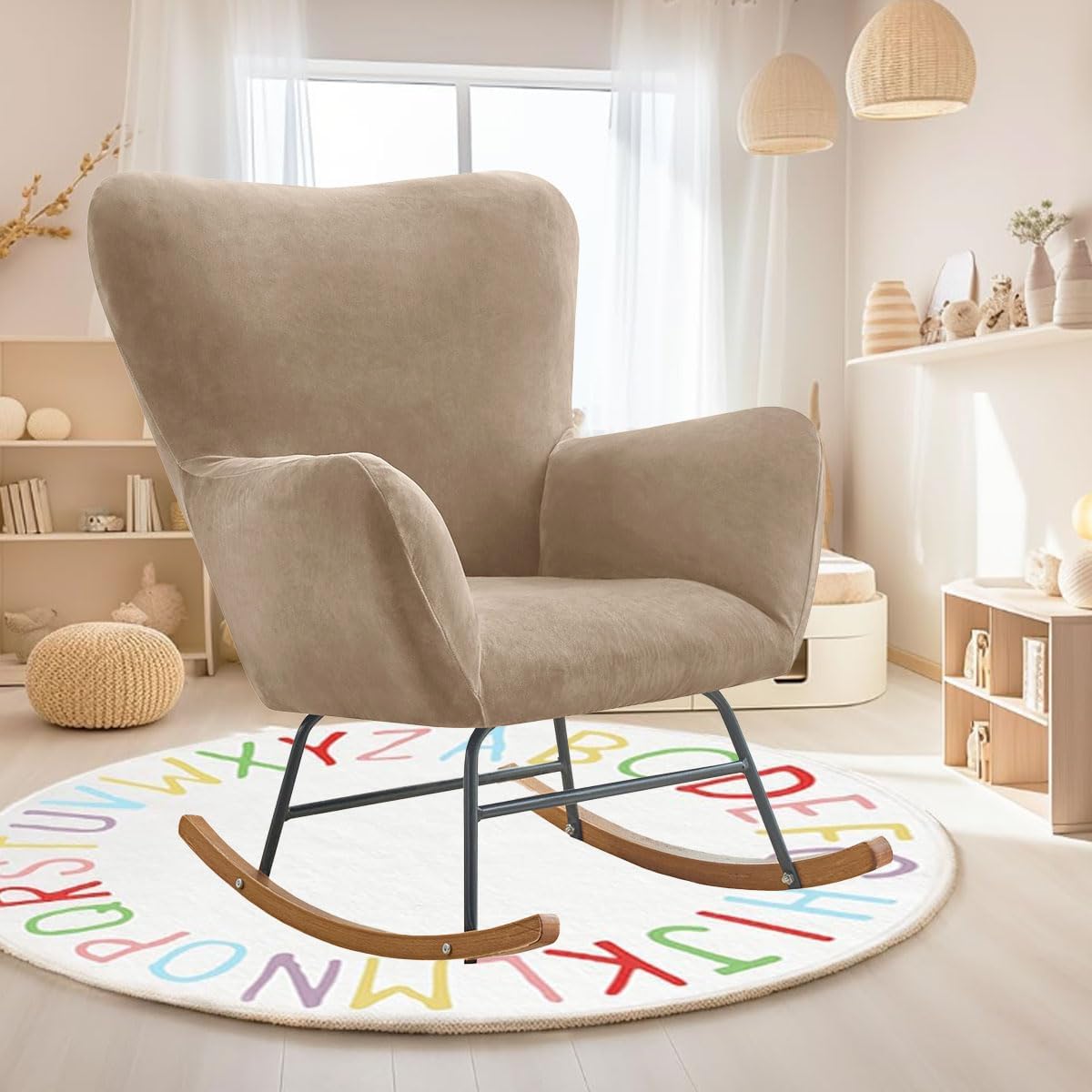 Levoberg Nursery Rocking Chair Cover Velvet Rocker Glider Chairs Cover Slipcovers Stretch Rocking Accent Chair Cover Recliner Armchair Slipcover for Nursery Living Room Bedroom Office Camel