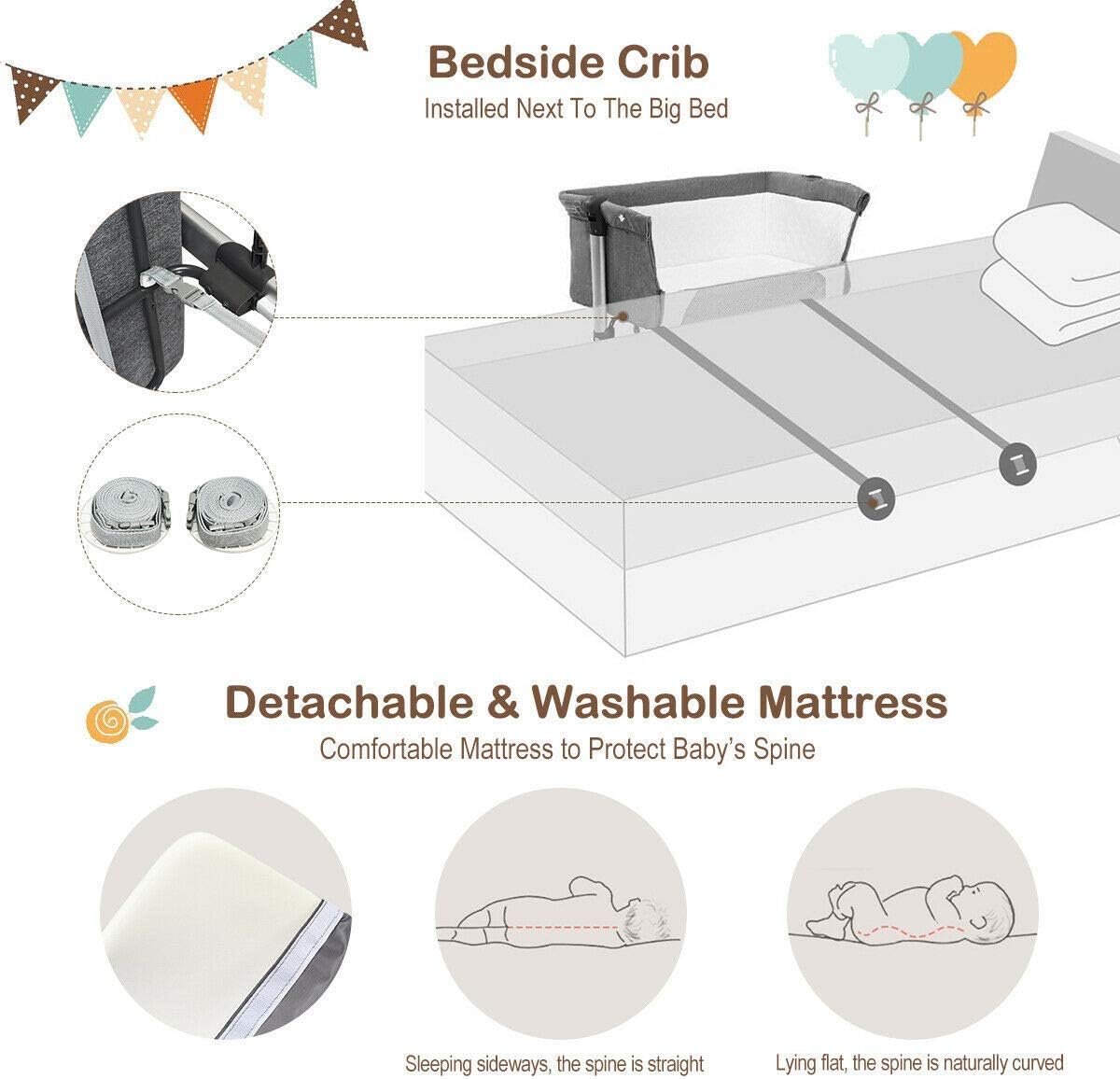 BABY JOY Baby Bedside Crib, Portable Travel Sleeper Bed Side Bassinet w/Carrying Bag, Newborn Bassinet to Infant, Kids Crib with Detachable Mattress, Height Adjustable Design, Breathable Mesh, Grey
