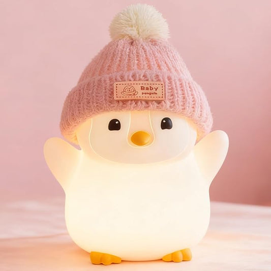 FAMIDUO Penguin Night Light, Cute Pink Penguin Lamp with Knit Hat, Soft Silicone Nursery Nightlight for Baby, Rechargeable/Dimmable/Timer,LED Squishy Novelty Animal Bedside Lamp,Funny Gifts for Kids