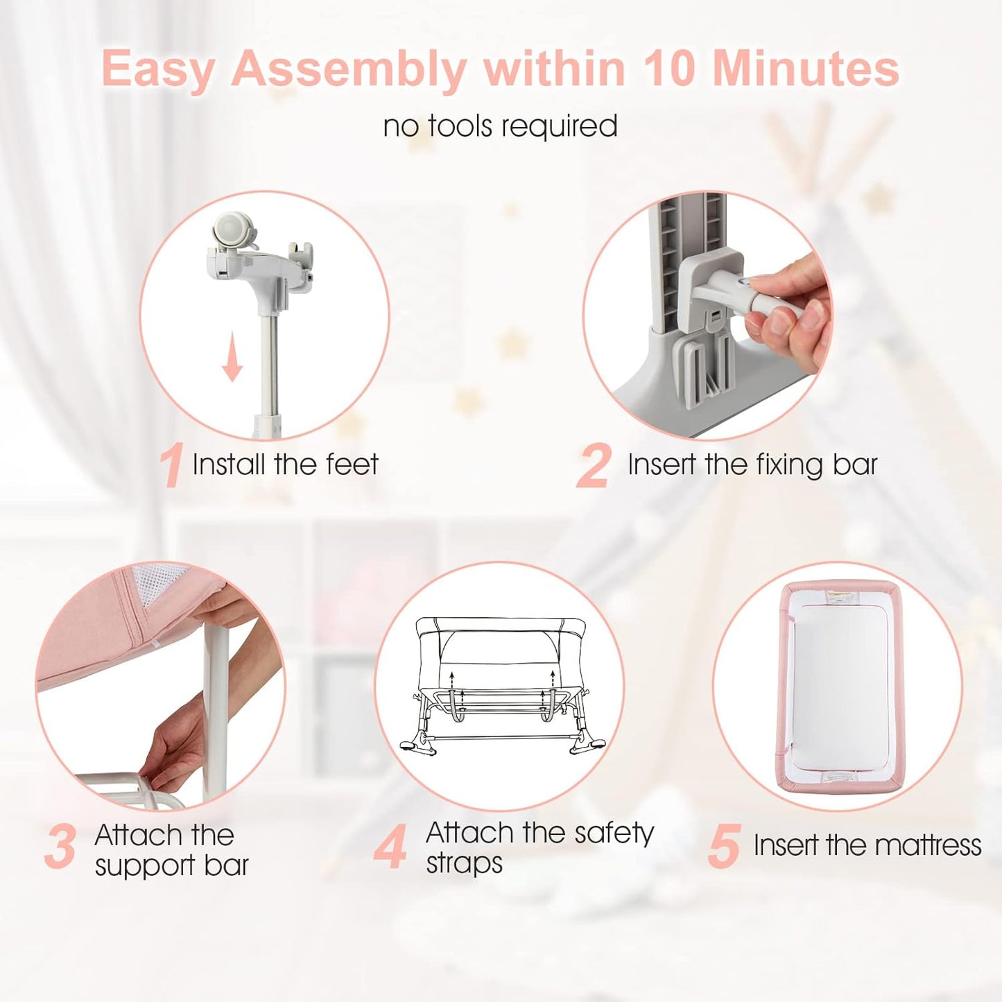 INFANS 3 in 1 Baby Bassinet, Bedside Sleeper for Newborn, Folding Crib with Mattress, Travel Bag, Wheels, 4-Sided Mesh, Easy to Assemble Cradle Co Sleeper Stationary, Rock (Dark Grey)