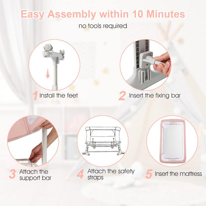 INFANS 3 in 1 Baby Bassinet, Bedside Sleeper for Newborn, Folding Crib with Mattress, Travel Bag, Wheels, 4-Sided Mesh, Easy to Assemble Cradle Co Sleeper Stationary, Rock (Dark Grey)