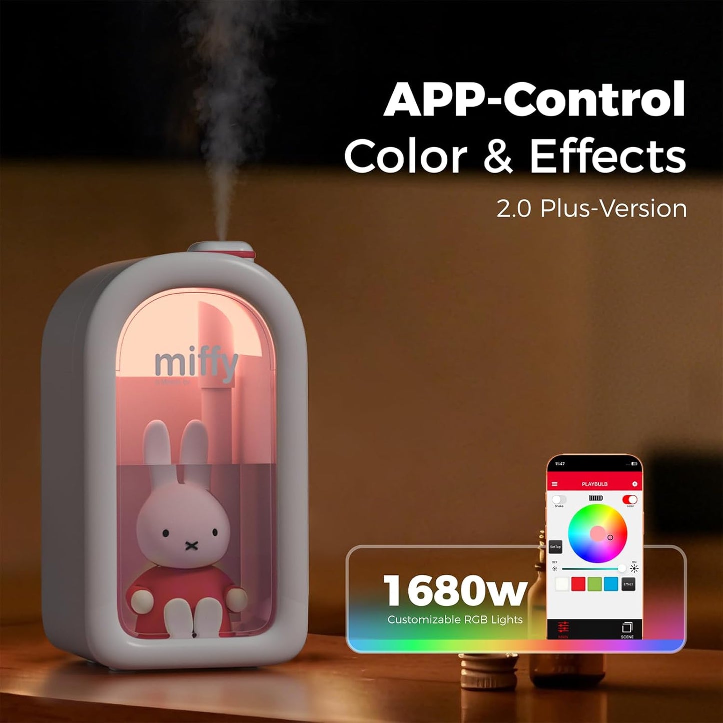 Mipow X Miffy Cool Mist Humidifier - Ultrasonic Quiet, Mini Cute Humidifier with Night Light, 380ml Humidifiers for Bedroom/Babies Nursery/Office