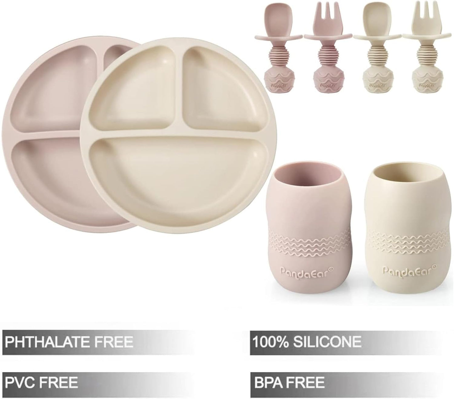 PandaEar Silicone Baby Feeding Set| 2 Pack Silicone Divided Suction Plate and 2 Pack Tiny Cup with 2 Spoons 2 Forks| Baby Led Weaning Supplies Self Feeding Eating Utensils (Light Tan/Walnut)