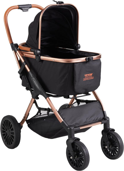 VEVOR Pet Stroller, 44 lbs Weight Capacity, Foldable Dog Cart, 4 Wheels Cats Stroller with Mesh Windows & Revrsible Handle, Portable Pet Carrier with Brake, for Small to Medium Pets