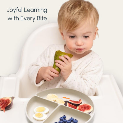 Silicone Suction Plates with Dividers - Grip Plates for Babies 6-12 Months and Toddlers 1-3, Toddler and Baby Dishes, Baby Led Weaning Essentials, Dishwasher Safe (Beige - Dogs and Cats)