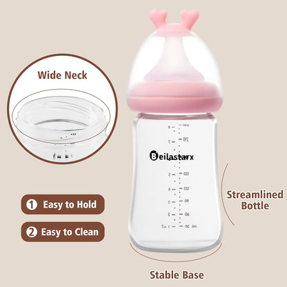 Glass Baby Bottles with Natural Response Nipple Size SS - Anti Colic Baby Bottles Wide Neck Slow Flow Baby Bottle (Multicolor, 4oz (Pack of 2))