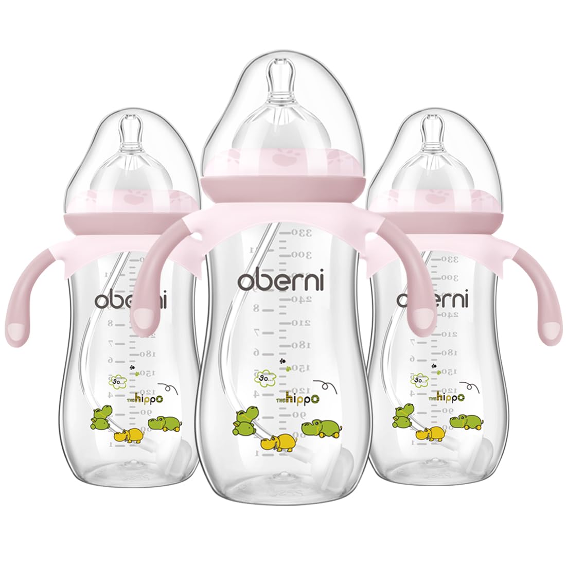 Oberni Toddler Milk Bottle 330ml/11oz, Anti-Colic Baby Bottle with Fast Variable Flow Nipple for 12 Months, Weigthed Straw, Non-Slip Handle, Pink/1Pack