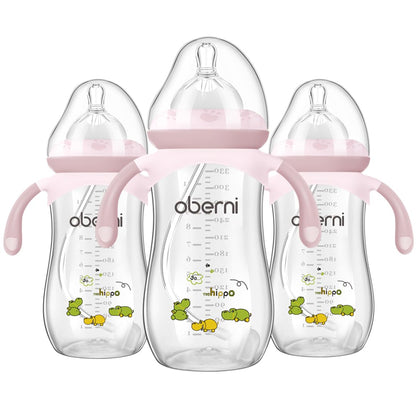 Oberni Toddler Milk Bottle 330ml/11oz, Anti-Colic Baby Bottle with Fast Variable Flow Nipple for 12 Months, Weigthed Straw, Non-Slip Handle, Pink/1Pack